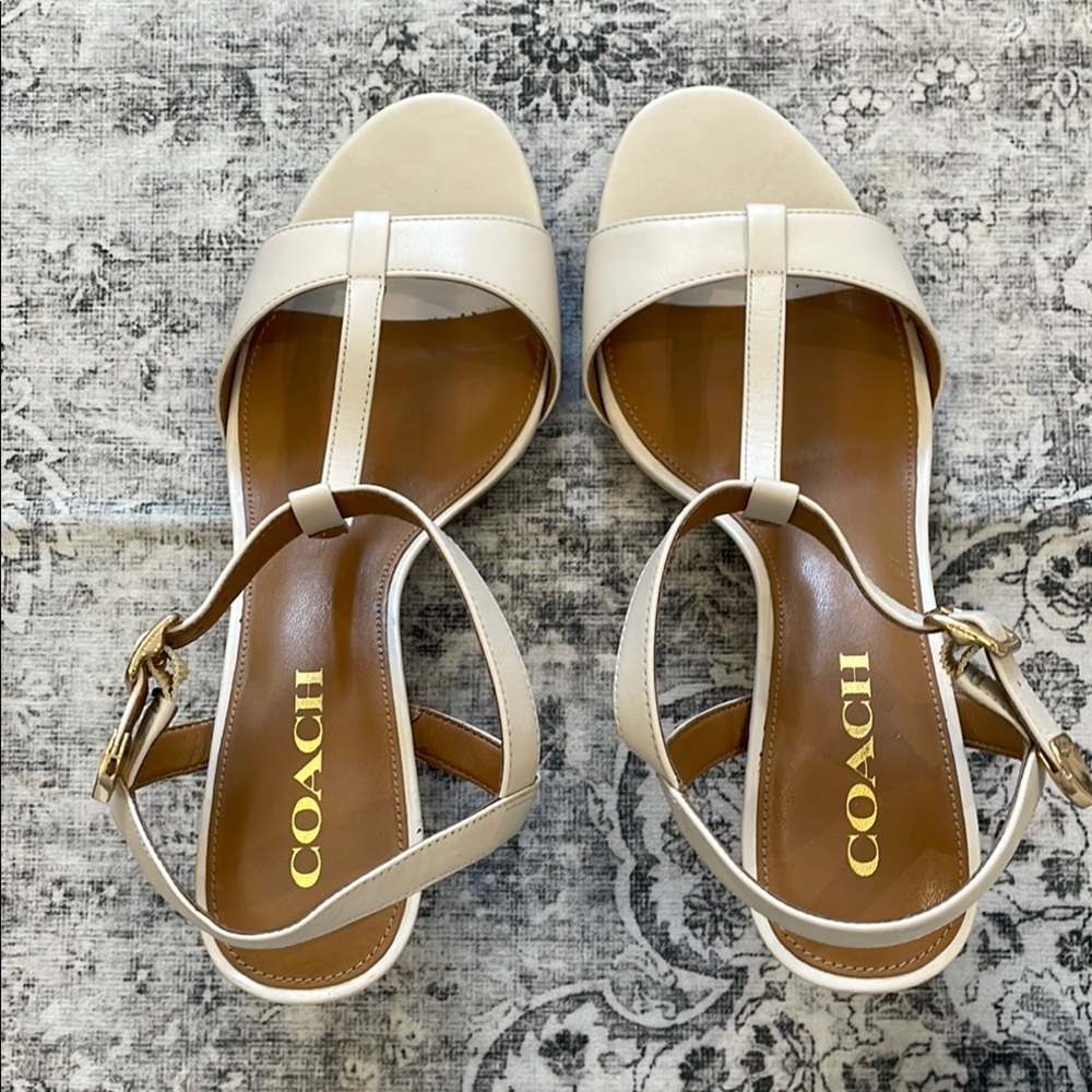 Coach Cream T-Strap Sandals with Buckle